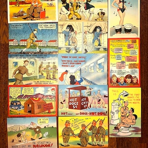 Lotto di 13 cartoline a fumetti della seconda guerra mondiale / Umorismo sui soldati dell'esercito degli anni '40 / Cartoline militari dell'era bellica scritte e spedite