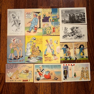 WWII Comic Postcard Lot (12) | Vintage 1940s Military Humor – Written & Mailed Soldier Mail