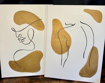 Conjunto de pinturas de figuras femeninas con líneas doradas - Lienzo minimalista moderno