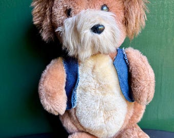 Vintage 1981 Dakin Plush Dog Stuffed Animal Small Cowboy Puppy w/ Hat & Denim Vest