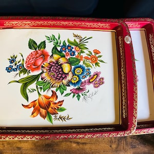 Set of 2 Floral Trays – Moody Vintage Floral Metal Trays (1960s–1970s)