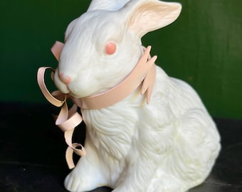 Vintage Easter Bunny Figurine – White Rabbit with Pink Metal Bow – Retro Spring Decor