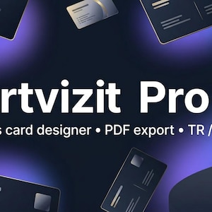 May include: A digital graphic promoting "Kartvizit Pro," a business card designer. The image features floating business card mockups in shades of black and white against a dark blue and purple gradient background. Text includes "Business card designer • PDF export • TR / EN."