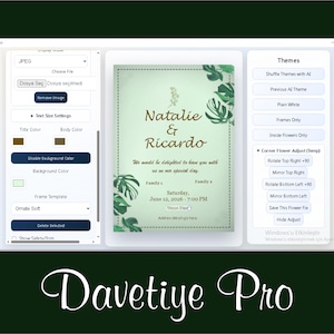 May include: Screenshot of a software interface for creating invitations. The interface includes options for file selection, text settings, and theme customization. The invitation design features the names "Natalie & Ricardo" with botanical accents and event details.