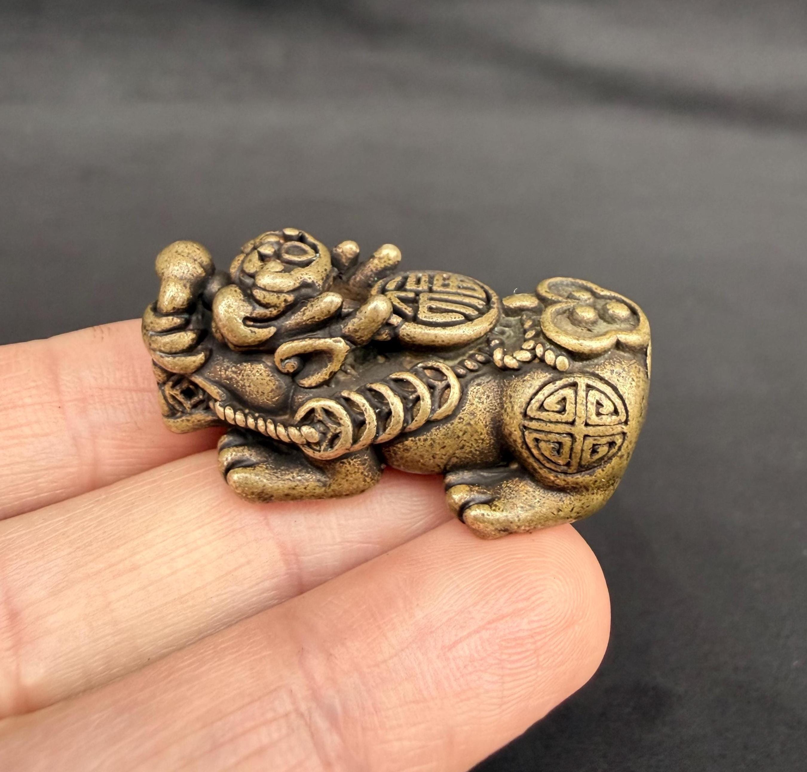 Brass Pixiu Wealth Charm, Chinese Money Beast Figurine, Feng Shui Lucky Talisman with Coins