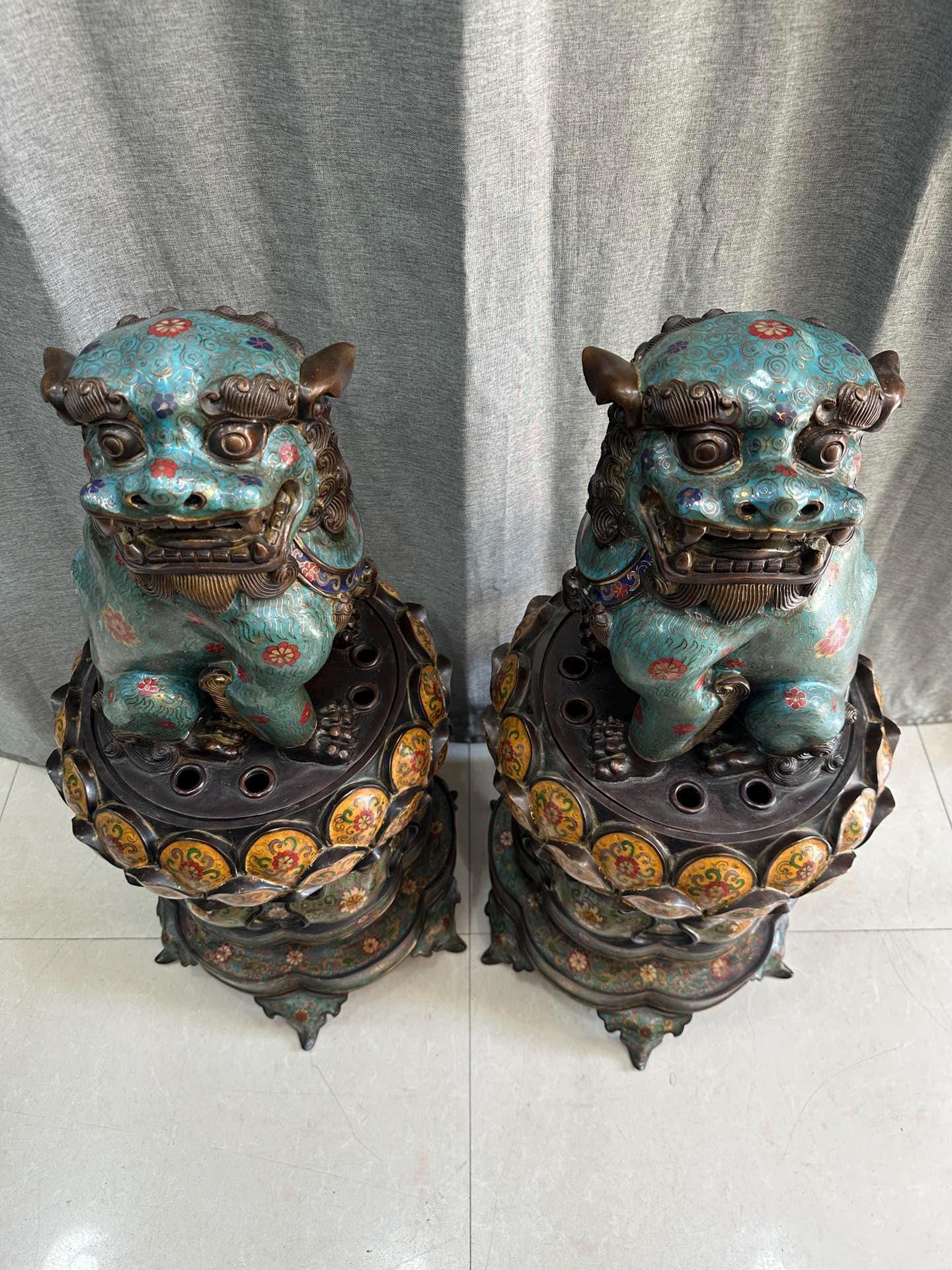 アンティーク七宝焼きフードッグ香炉: 銅エナメルガーディアンライオン