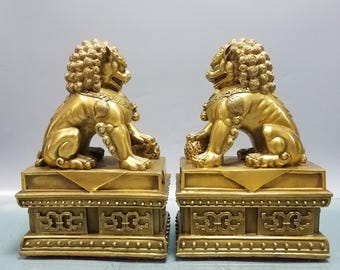 Par de perros Foo de latón macizo vintage • Leones guardianes chinos