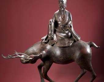 Antique Chinese Bronze Shoulao Riding Deer Incense Burner, Large Longevity God Censer, Taoist Immortal Sculpture, Feng Shui Decor
