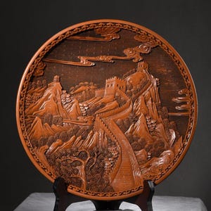 Antique Chinese Carved Lacquer Plate – Great Wall of China Design, Vintage Red Cinnabar Decorative Art Collectible
