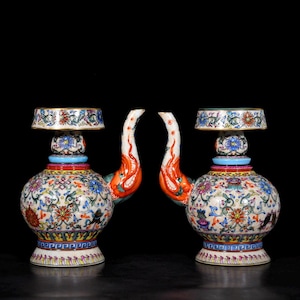 Antique Qianlong Porcelain Ewers: Famille Rose Floral Decor Pair