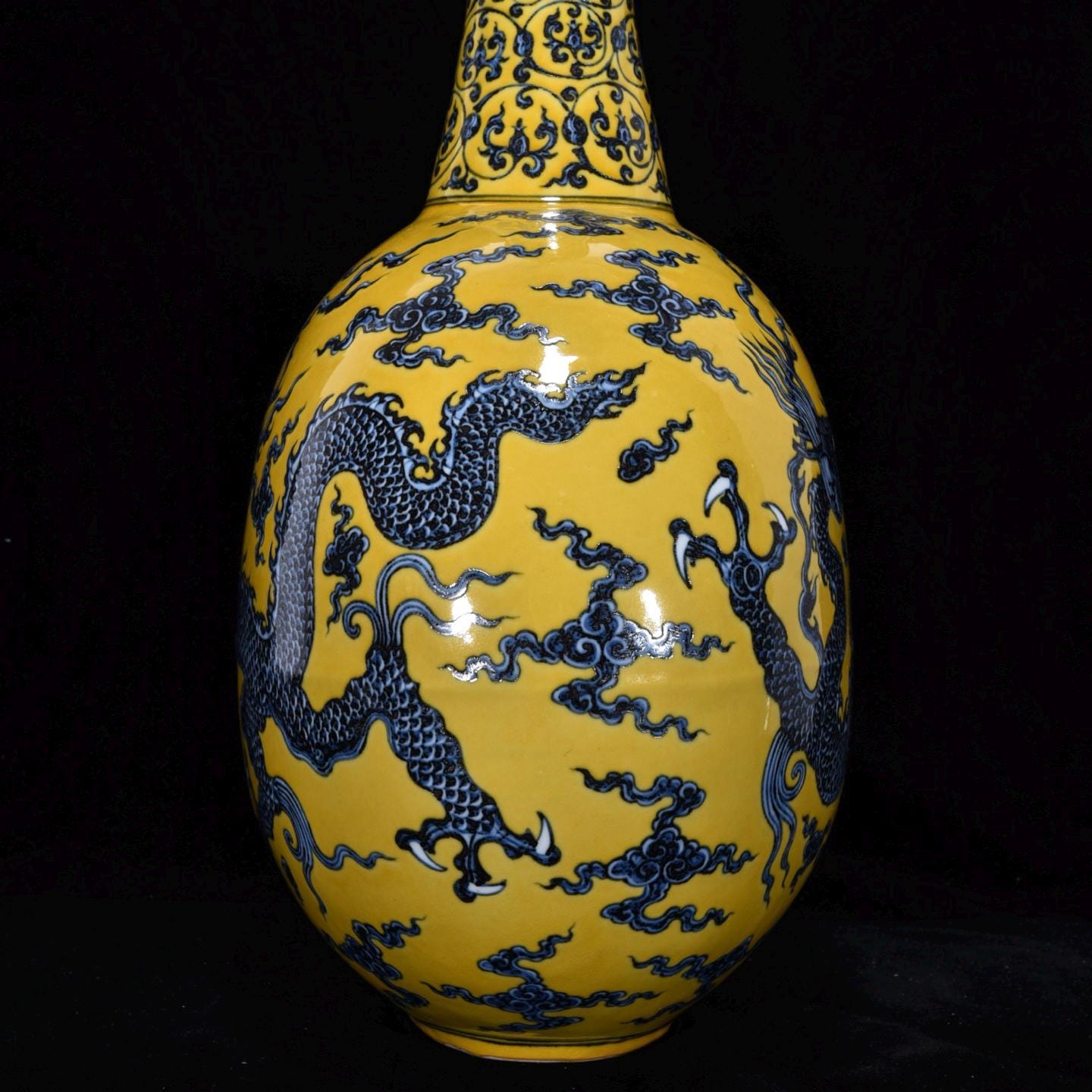 Antique Xuande Style Yellow Ground Blue & White Dragon Flat Vase