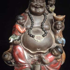 Antique Shiwan Ceramic Maitreya Buddha Statue: Laughing Buddha with Children
