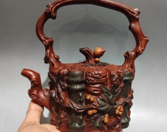 Vintage Yixing Zisha Teapot – Handmade Red Clay Bamboo & Peach Design