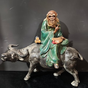 Vintage Shiwan Pottery Laozi Riding Ox | Taoist Philosopher Statue | Zen / Meditation Decor | Handcrafted Ceramic