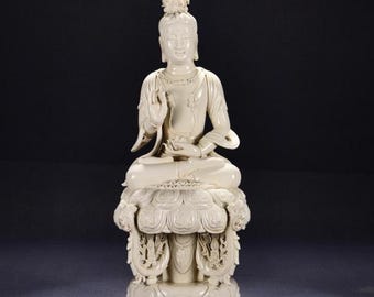 Antique Dehua Blanc de Guanyin Statue, White Porcelain Bodhisattva on Lotus Throne, Buddhist Sculpture