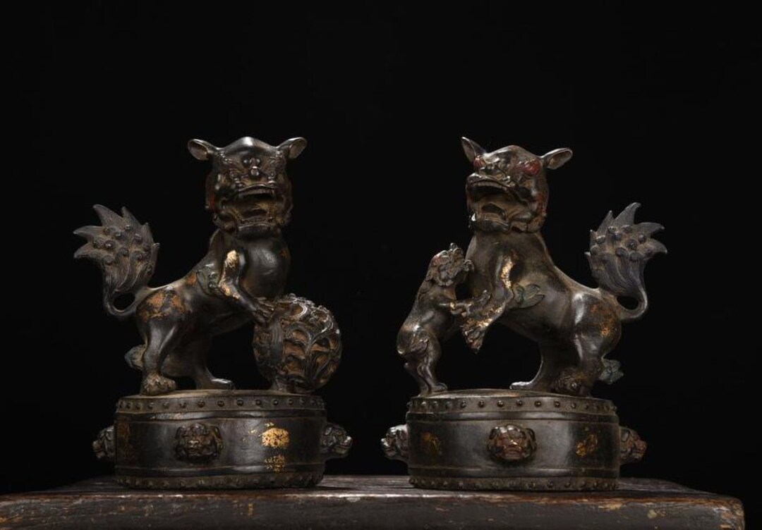 Antique Gilt Bronze Foo Dogs: Chinese Guardian Lions, Feng Shui