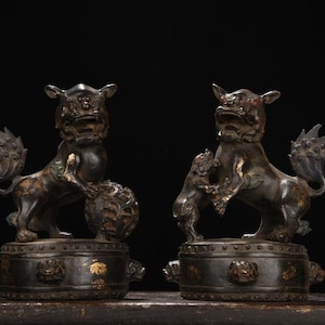 Antique Gilt Bronze Foo Dogs: Chinese Guardian Lions, Feng Shui Decor