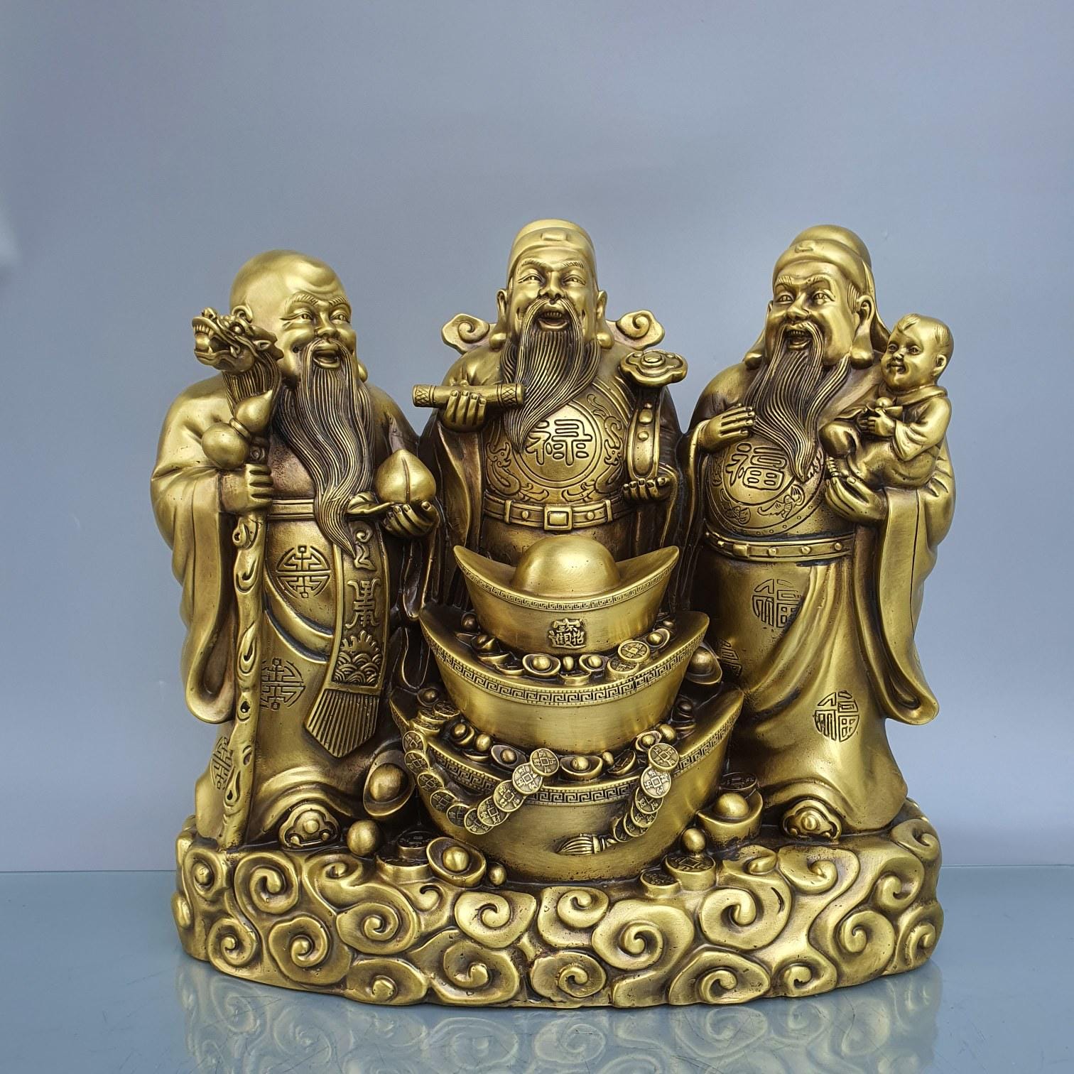 Vintage Brass Fu Lu Shou Statue • Feng Shui Blessing Decor - Etsy