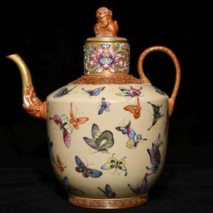 Qianlong Famille Rose Ewer: Chinese Porcelain Teapot with Gilded Butterflies