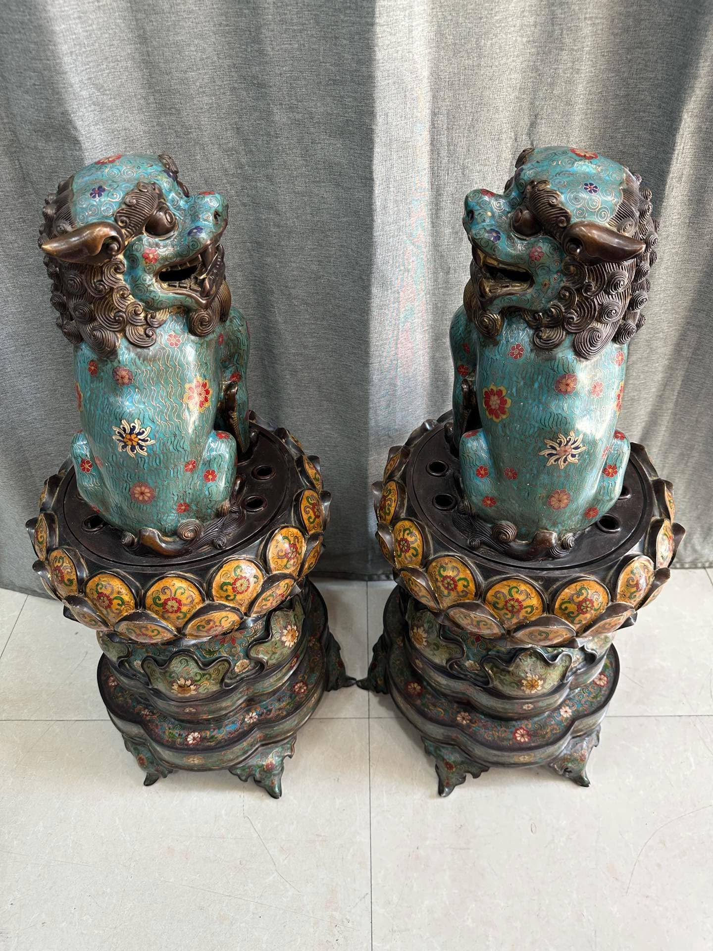 アンティーク七宝焼きフードッグ香炉: 銅エナメルガーディアンライオン