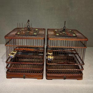 Antique Rosewood & Bamboo Bird Cages: Chinese Oriental Decor