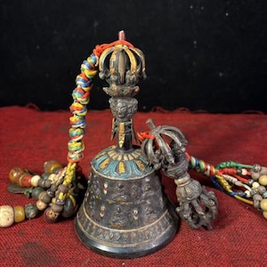 Antique Tibetan Bronze Bell & Vajra Set: Gem Inlay Dorje Ghanta, Buddhist Ritual Tool