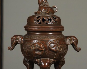 Vintage Solid Bronze Stativ Elefant Räuchergefäß | Exquisite Reliefschnitzerei | Hausaltar & Teetischdeko