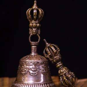 Antique Tibetan Bronze Ritual Bell & 9-Prong Vajra – Hand-Chiseled Ghanta with 8 Auspicious Symbols – Buddhist Amulet Set-Buddhist gifts