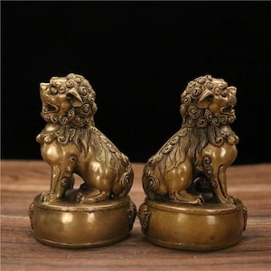 Chinese Copper Lion Statues: Feng Shui Desktop Guardians Pair