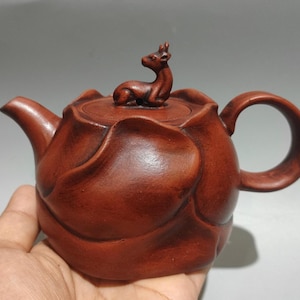 Théière vintage Yixing Zisha à motif cerf, théière artisanale chinoise en argile violette, théière en argile rouge, bouton en forme de cerf, 320 ml