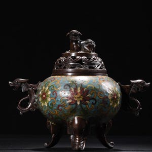 Antique Chinese Cloisonné Incense Burner: Bronze Tripod Censer with Foo Dog