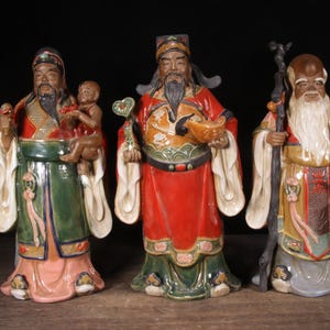 Chinese Shiwan Ceramic Figurines – Fu Lu Shou Gods – Vintage Handcrafted Pottery Statues – Home Decor – Feng Shui Blessings