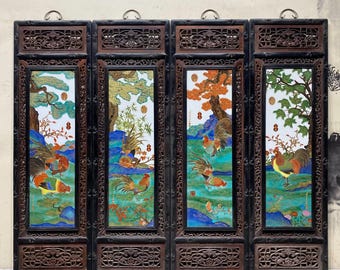 Antique Rosewood Cloisonné Porcelain Wall Panels, Chinese Rooster Art Hanging Screens, Enamel Porcelain Bird Panels, Vintage Oriental Decor