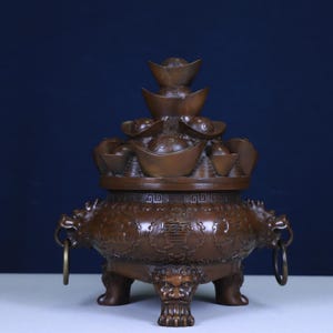Solid Brass Wealth Bowl Treasure Pot, Chinese Feng Shui Wealth Vase, Dragon Handle Copper Censer, Lucky Coin Container, Office Desk Decor
