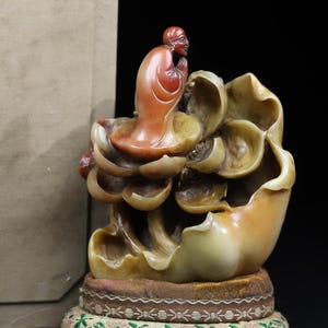 Antique Chinese Shoushan Stone Luohan Statue, Hand Carved Buddhist Monk on Lotus, “Pure Zen Heart”, Chinese Art Decor