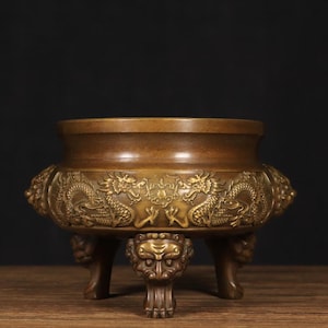 Antique Chinese Solid Bronze Censer – Twin Lion Handles & Tripod Base–Double Dragon Motif–Altar Gift or Feng Shui Decor  Gift，Festival gift