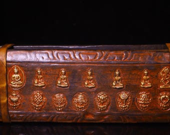 Rare Tibetan Monastery Manuscript | Hand-Painted Buddhist Scripture | Seven Buddhas & Eight Auspicious Symbols