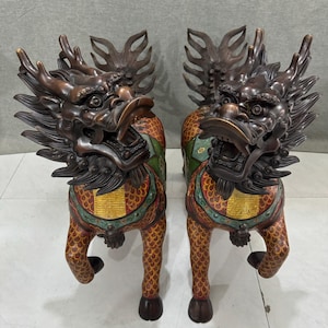 Antique Cloisonné Qilin Statues: Handcrafted Copper Enamel Feng Shui Décor (63cm)
