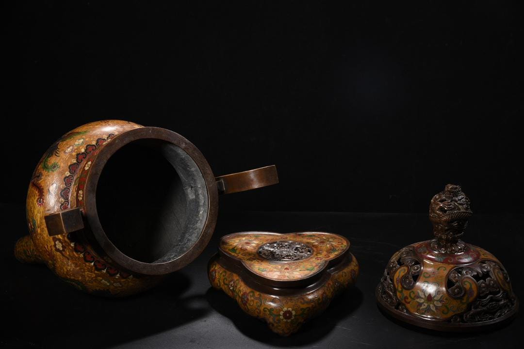 送料無料 時代唐物 龍鳳摘み大型七宝香炉 台付き高36cm 中国古玩