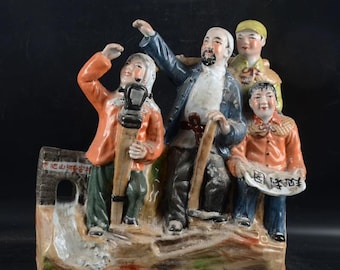 Grupo de figuras de porcelana china antigua, escultura de cerámica de la época de la Revolución Cultural, estatua de escena de 4 figuras.
