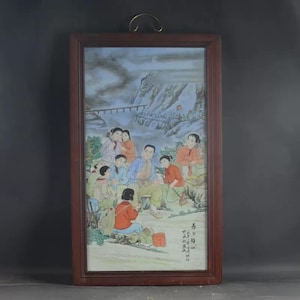 Chinese Porcelain Panel Painting: Redwood Inlaid Cultural Revolution Art
