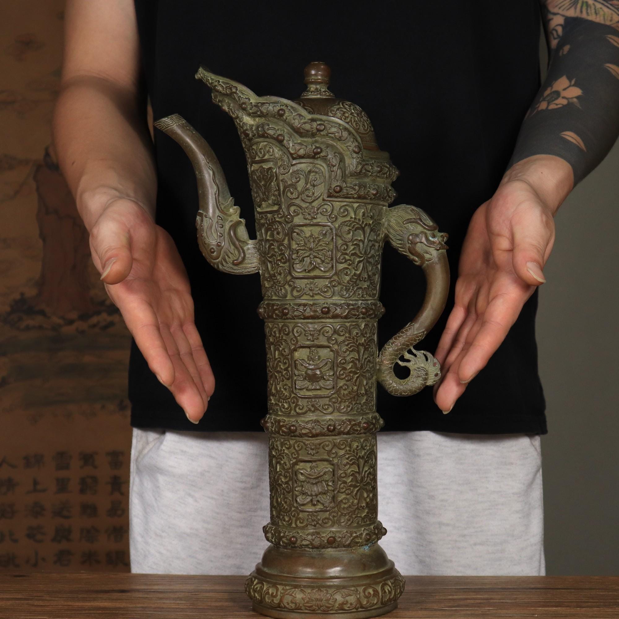 Antique Copper Tibetan Wine Pot: Carved Dragon Handle, Ritual