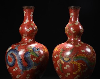 Antike chinesische Cloisonné-Kürbisvasen: Drachen- & Phoenix-Emaille-Dekor