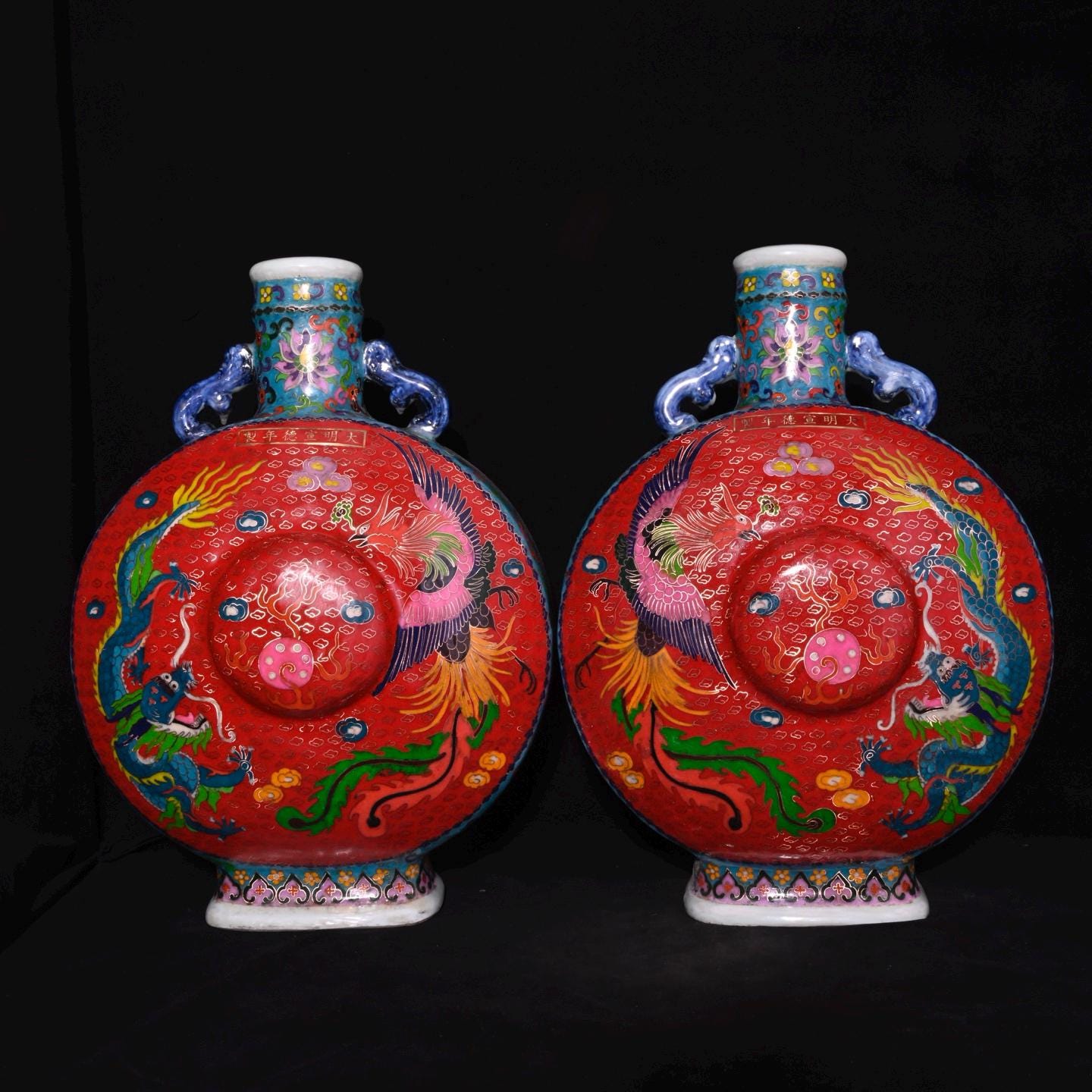明宣徳七宝琺瑯ひょうたん花瓶: 龍と鳳凰の装飾 - Etsy 日本