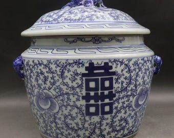 Chinesische antike Blau und Weiß Porzellan Doppel Glück Muster bedeckt Glas Vase Tank-Topf