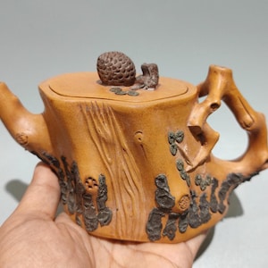 Théière vintage artisanale Yixing Zisha, motif souche d'arbre et pomme de pin, théière en argile Huang Duan, décor pin, style Kung Fu chinois, 300 ml