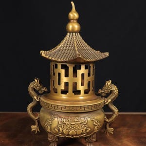 Mini Pagoda Brass Incense Burner | Chinese Dragon Ear Censer | Vintage Temple Style Incense Holder