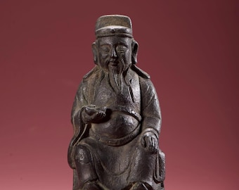 Antyczna chińska miedziana figurka Caishen, zabytkowa rzeźba boga bogactwa, dekoracja feng shui, kolekcjonerska figurka bóstwa z brązu