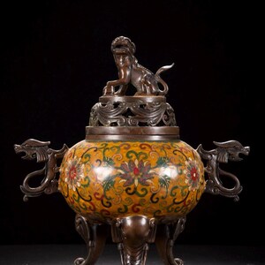 Antique Cloisonné Incense Burner with Foo Dog Lid, Dragon Handle Censer, Feng Shui Decor