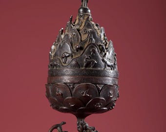 Antique Bronze Boshan Incense Burner, Mountain Censer with Phoenix Finial, Hand Chased Bronze Aromatherapy Burner
